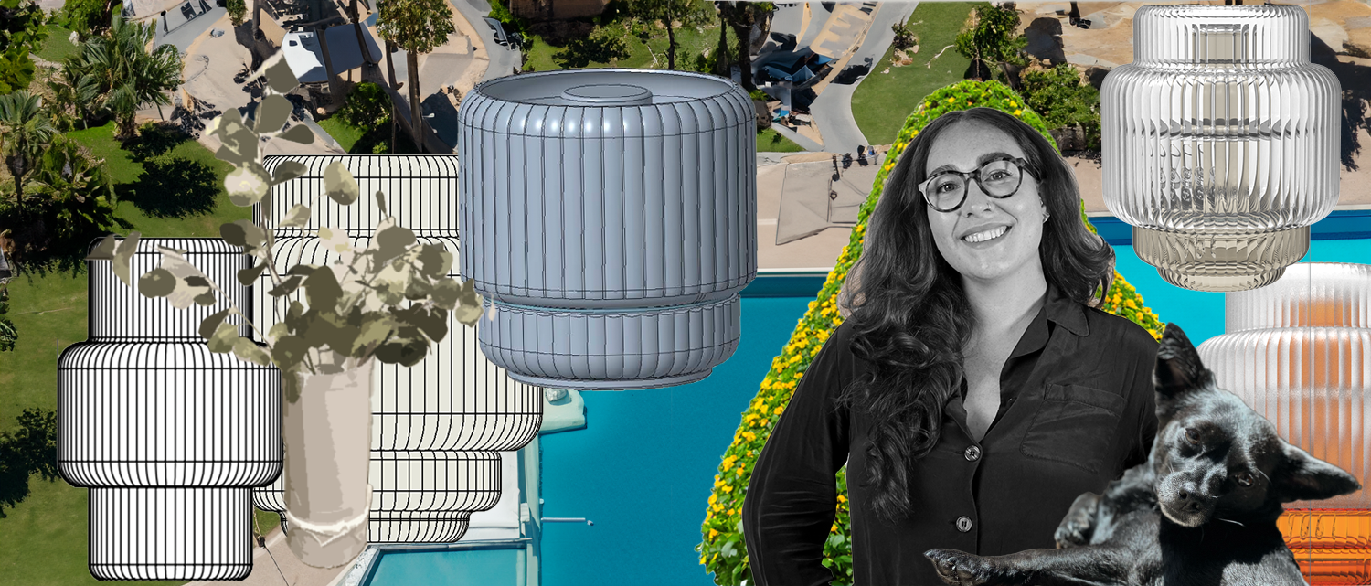 A collage of images pasted over an outdoor pool. Images include vase renders, drawings of the vase design, a photo of Elisabeth Chambry in black and white, and her dog Sponge (small black chihuahua mix).