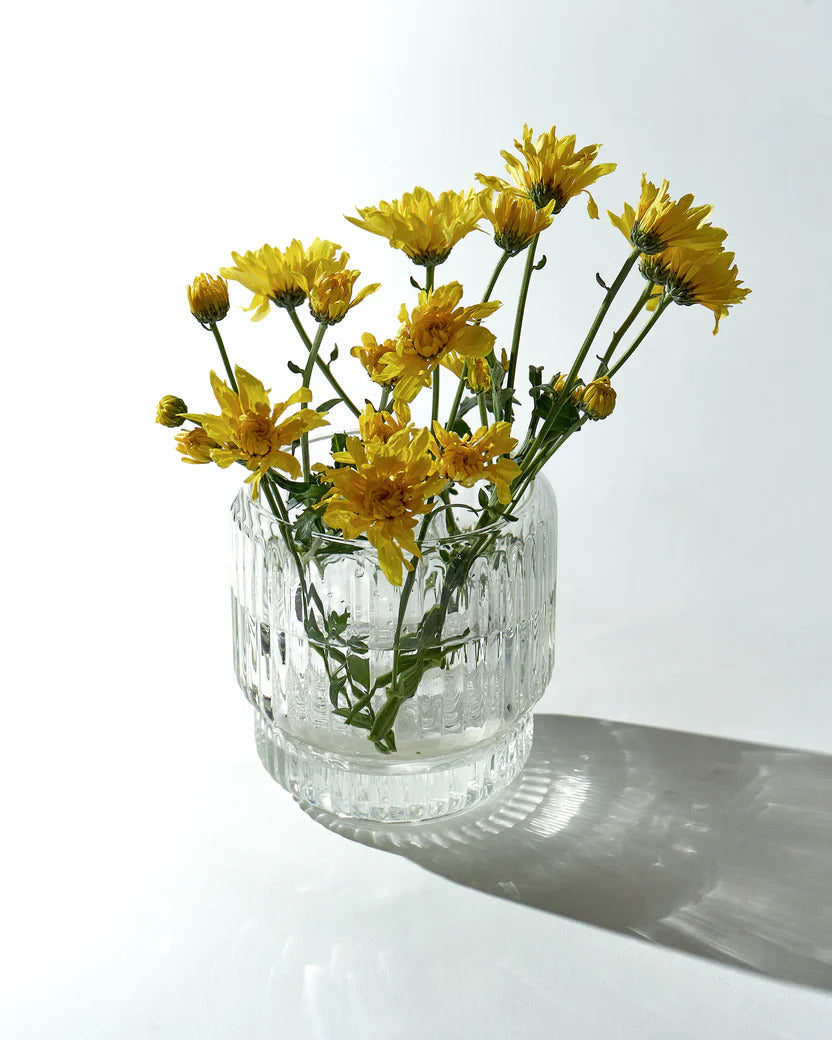 A clear ribbed glass bong vase filled with vibrant yellow flowers, photographed in direct light to highlight the sculptural texture and sparkling water within. This piece exemplifies the balance between utility and beauty—an elevated alternative to traditional bongs and a strong contender for anyone seeking a discreet, decorative, and beautiful bong that doubles as a vase.